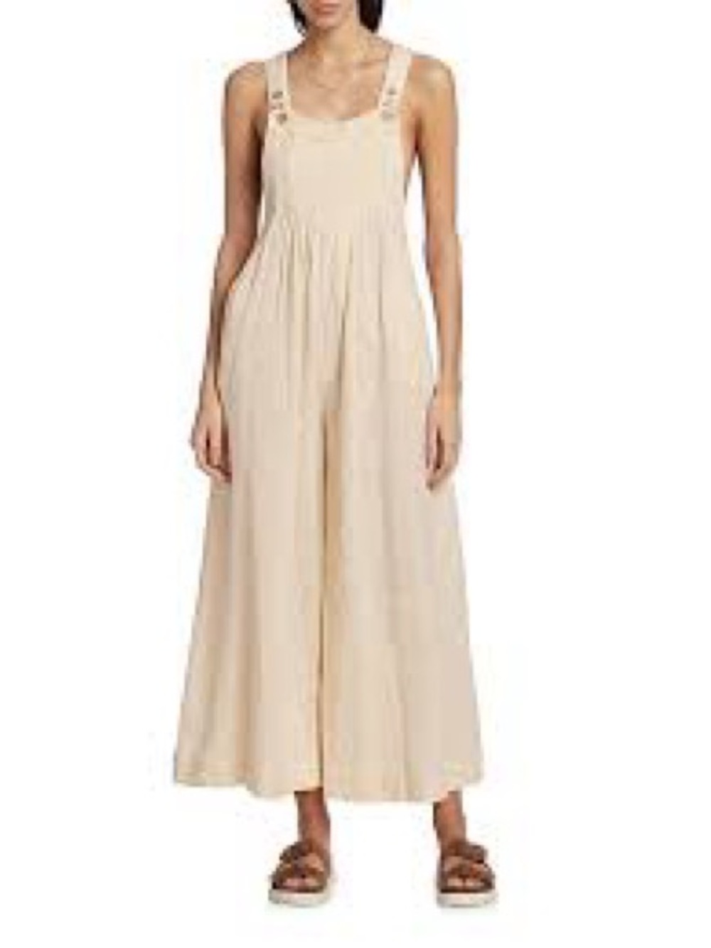 Mod On Trend Linen Wide Leg Overalls Ruffle Strap Boho Cottagecore Pockets Large - Picture 2 of 10